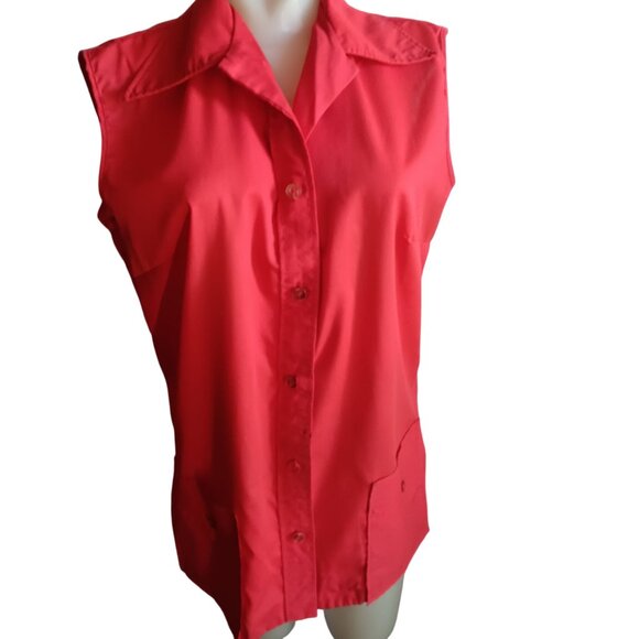 Women's Large Vintage 70's Sleeveless Red Button-Up Chore Blouse Frock Laura Mae - Picture 1 of 7